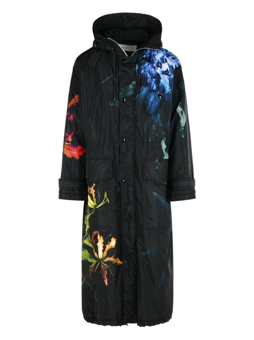 Dries Van Noten Floral Print Long Parka With Drawstring Hood And Functional Pockets