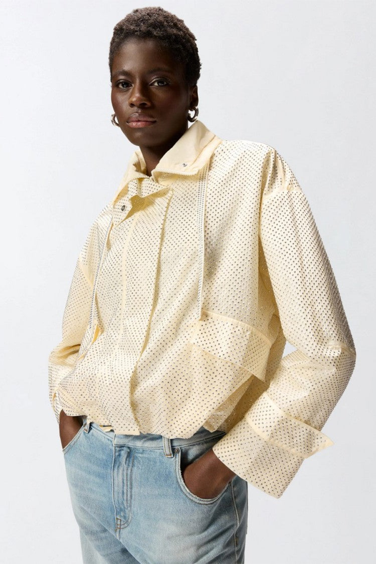 Pinko White Perforated Rhinestone Funnel Neck Nylon Jacket