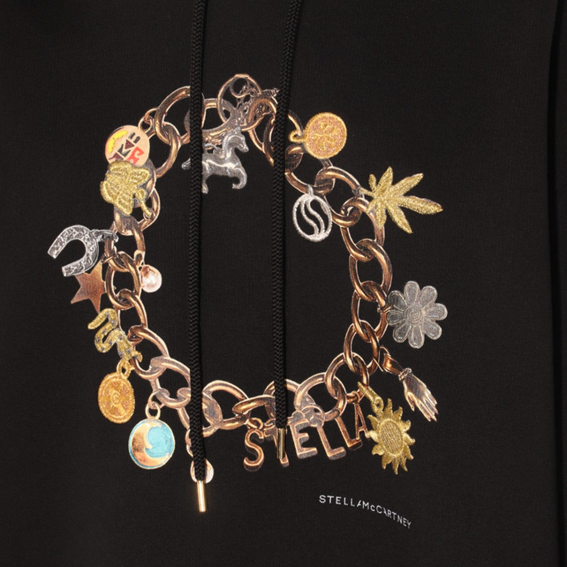 Stella Mccartney Kangaroo Pocket Black Cotton Hoodie With Unique Charm Print
