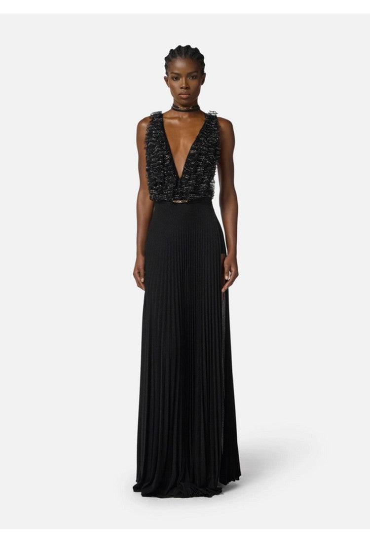 Elisabetta Franchi Black Sheer Lace Bodice Pleated Viscose-Blend Maxi Dress