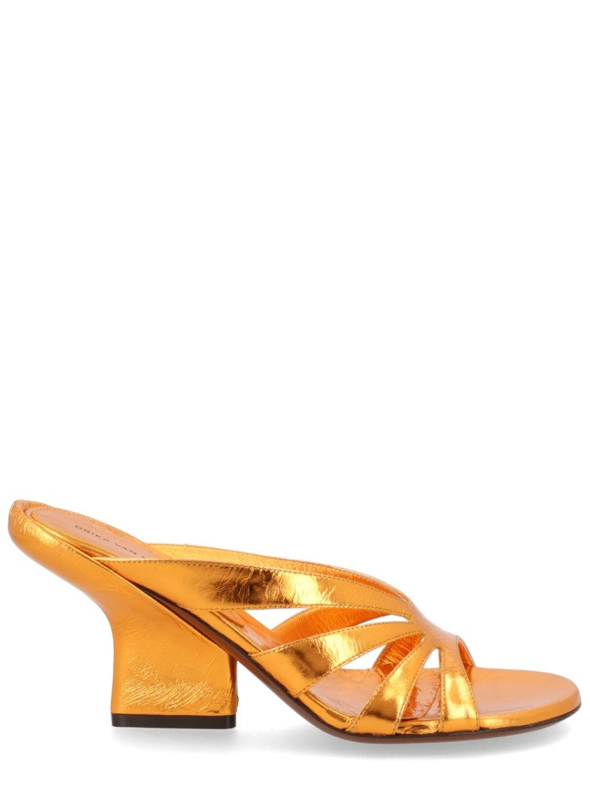 Dries Van Noten Neutrals Metallic Cross Straps Block Heel Sandals