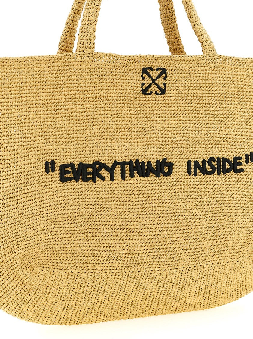 Off-White Woven Raffia Shopping Bag With Embroidered Detail