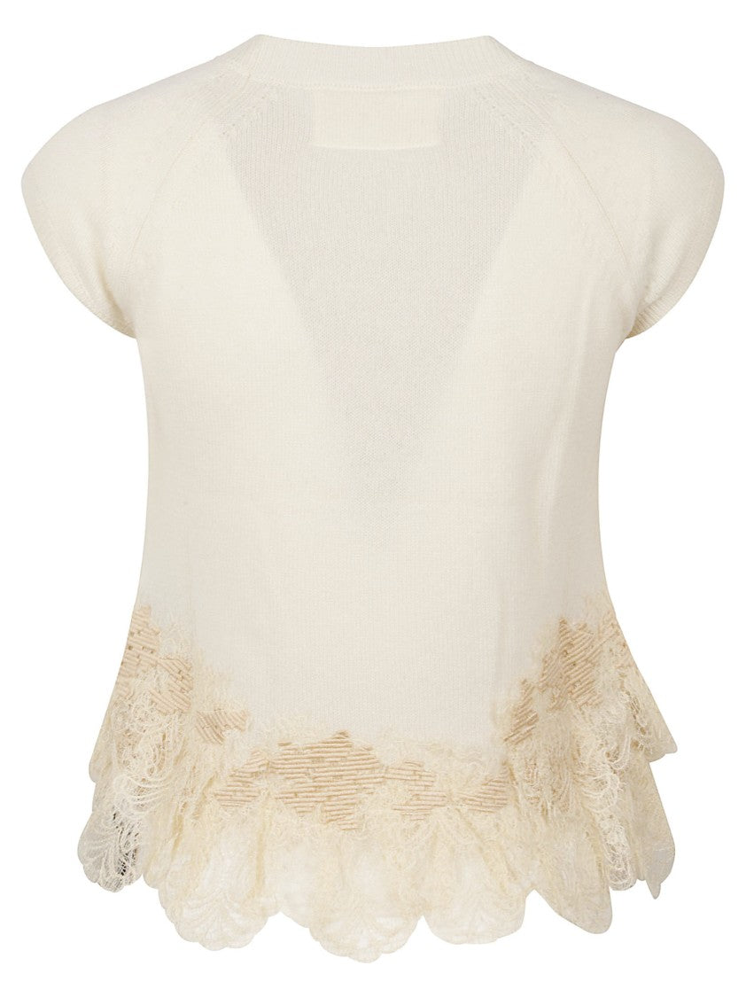 Ermanno Scervino Delicate Lace-Trimmed Knit Top With Cap Sleeves