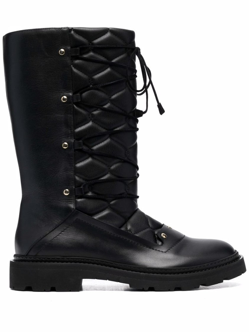 Bally Quilted Black Leather Ankle Boots With Lace-Up Design