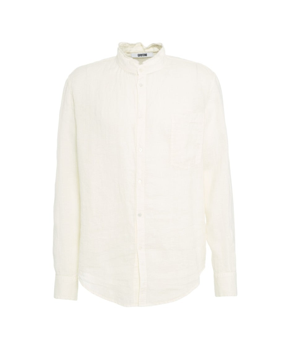 Grifoni Mandarin Collar Linen Shirt With Rounded Hem