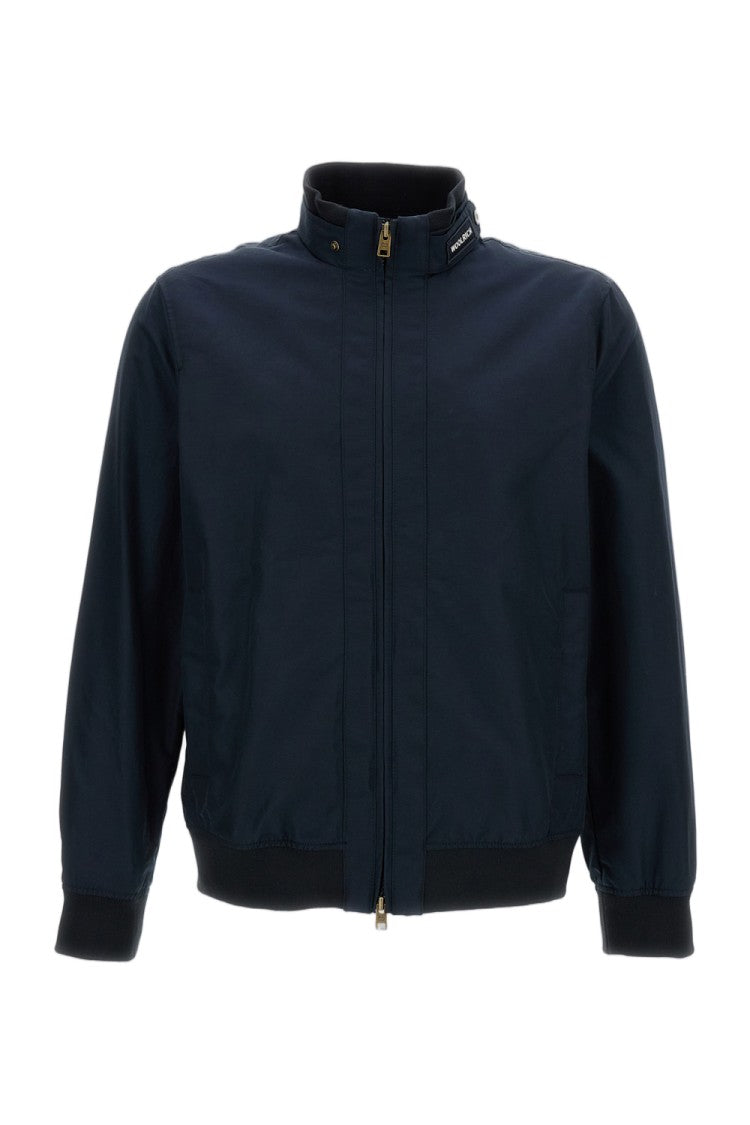 Woolrich High Collar Blue Bomber Jacket With Two-Way Zip Closure