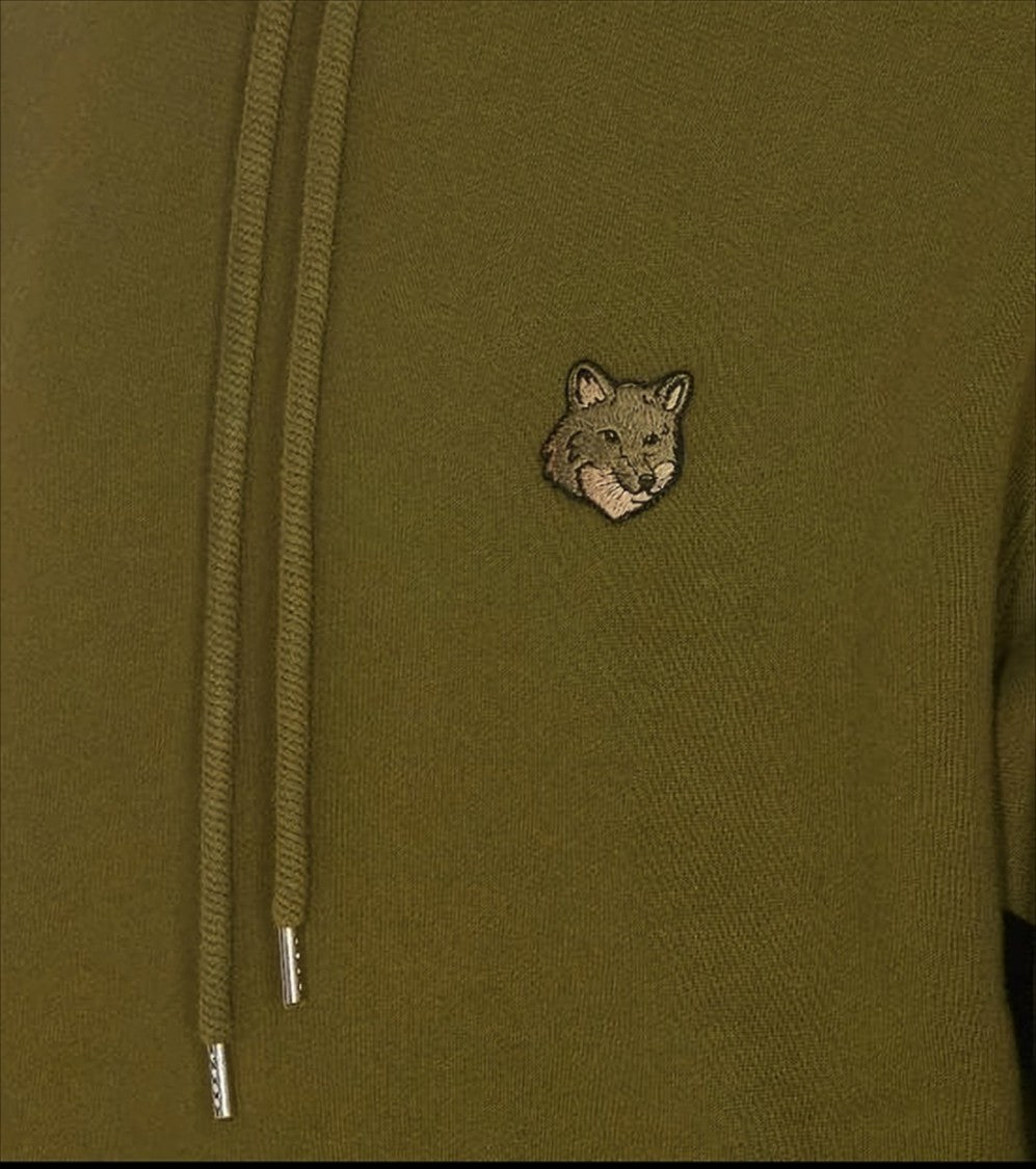 Maison Kitsuné Solid Olive Green Cotton Hoodie With Iconic Fox Emblem