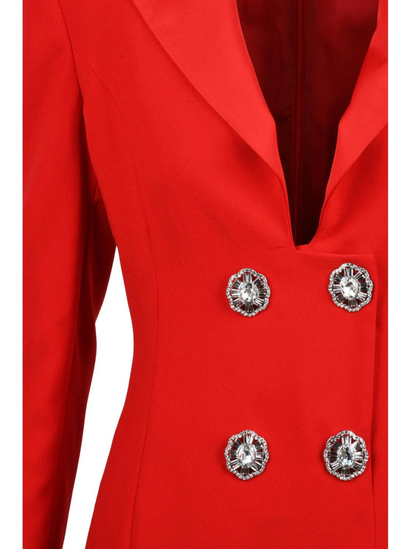 Simona Corsellini Red Polyester Jewel Button Slit Long Dress