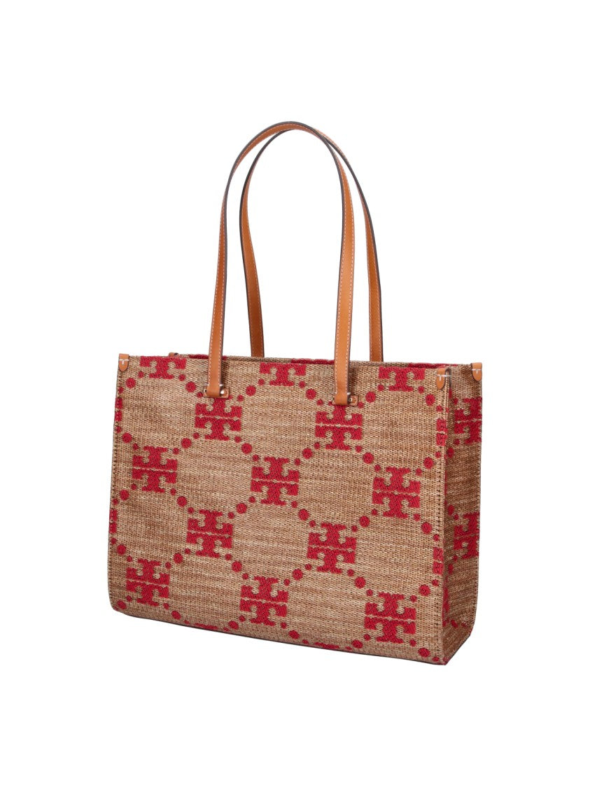 Tory Burch Brown T Monogram Pattern Fabric Tote