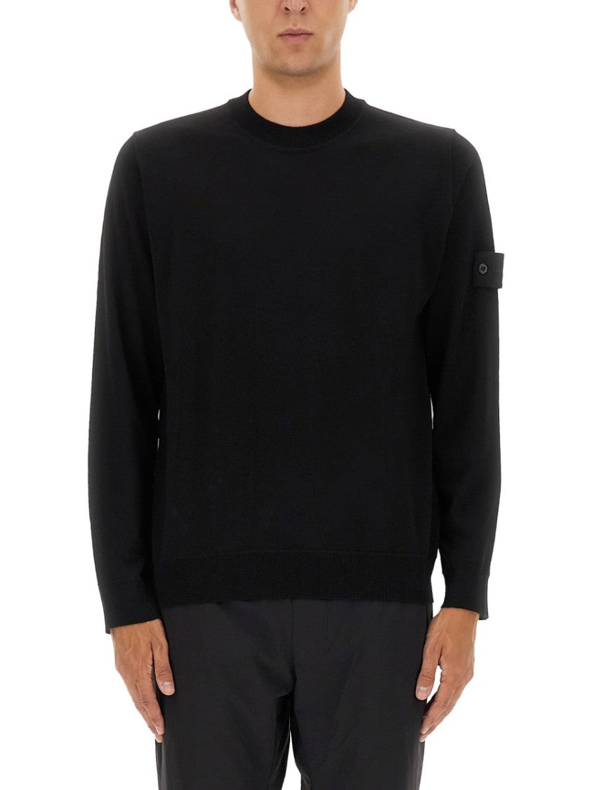 Stone Island Black Wool Sweater With Ribbed Details