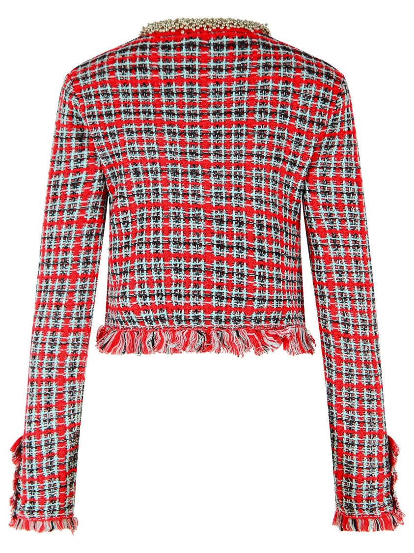 Self-Portrait Red Plaid Frayed-Trim Cotton-Blend Blazer