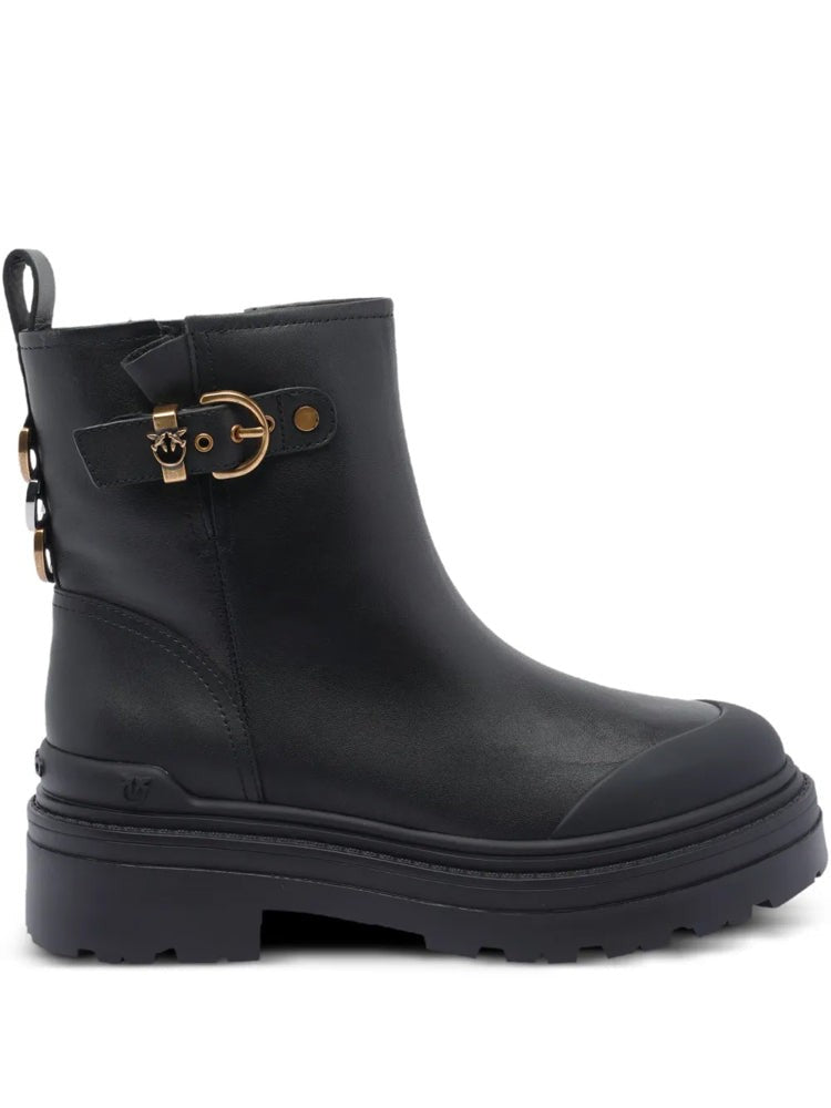 Pinko Black Mia 21 Decorative Strap Calf Leather Ankle Boots