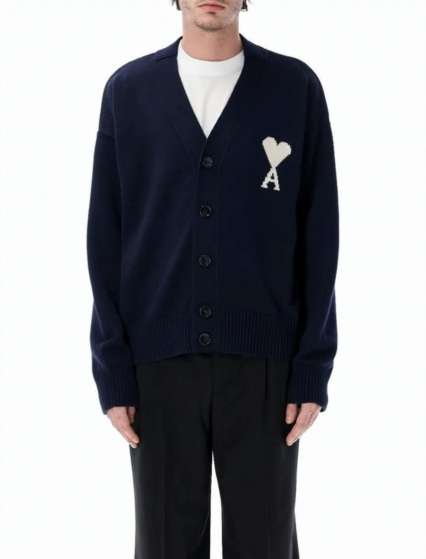 Ami Paris Deep V-Neck Cardigan With Heart Emblem
