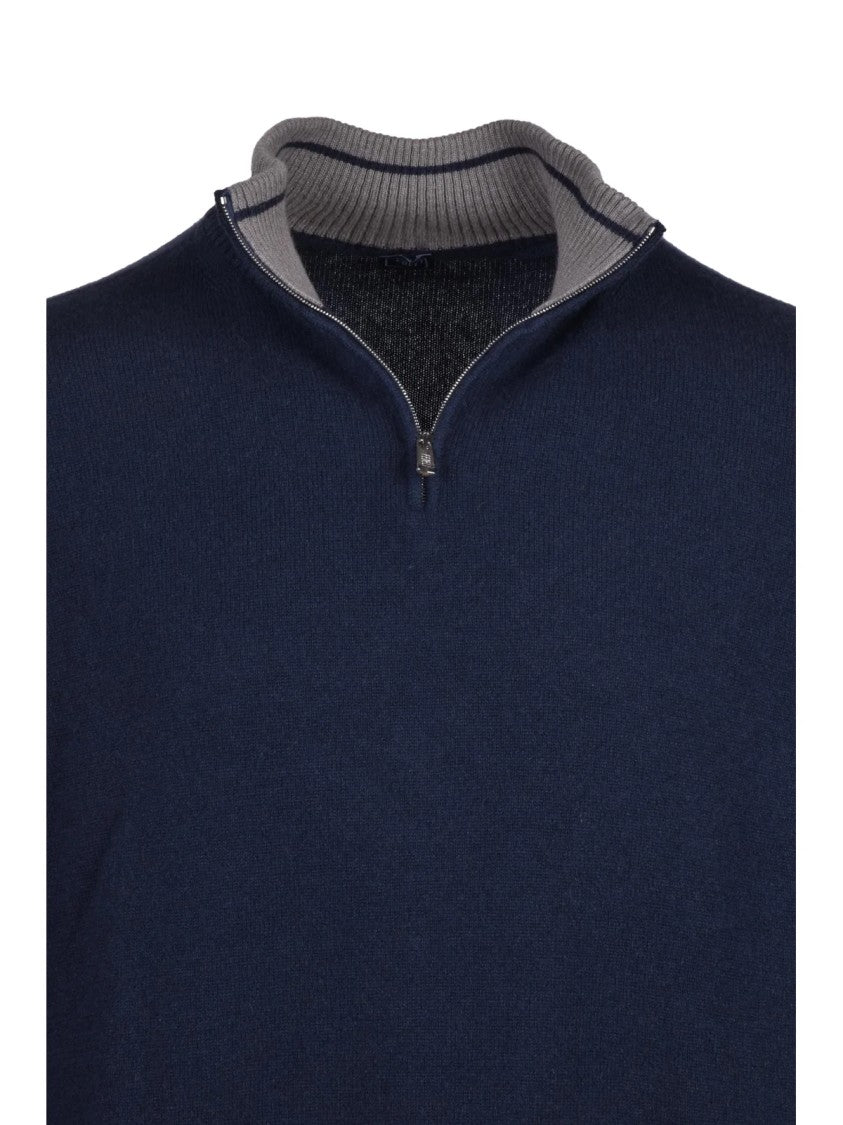 Fedeli Blue Deep Navy Cashmere Zip Sweater
