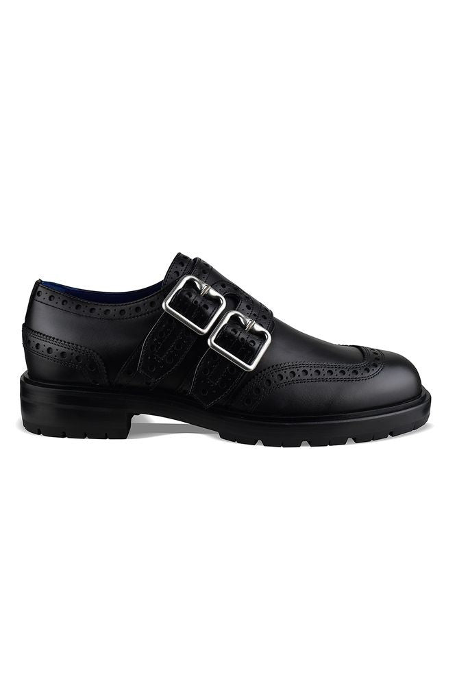 Burberry Black Leather Oxford Brogue Loafers With Silver Buckles