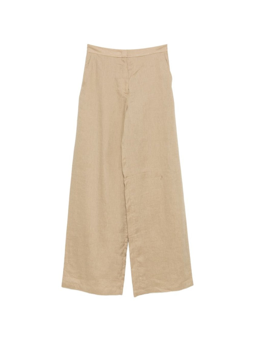 Max Mara Beige Belt Loops Linen Wide-Leg Pants