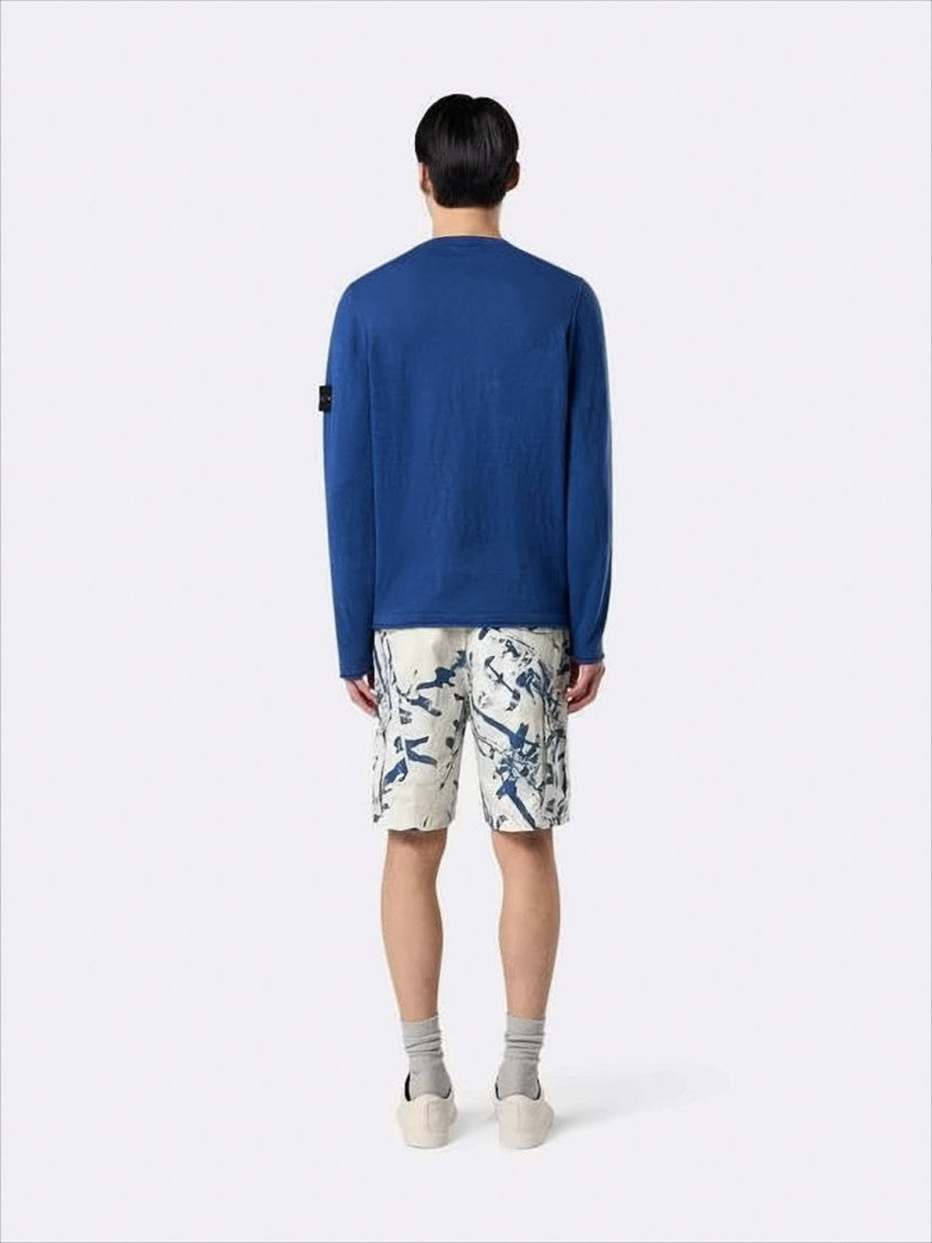 Stone Island Crew Neck Blue Sweater With Unique Sleeve Logo