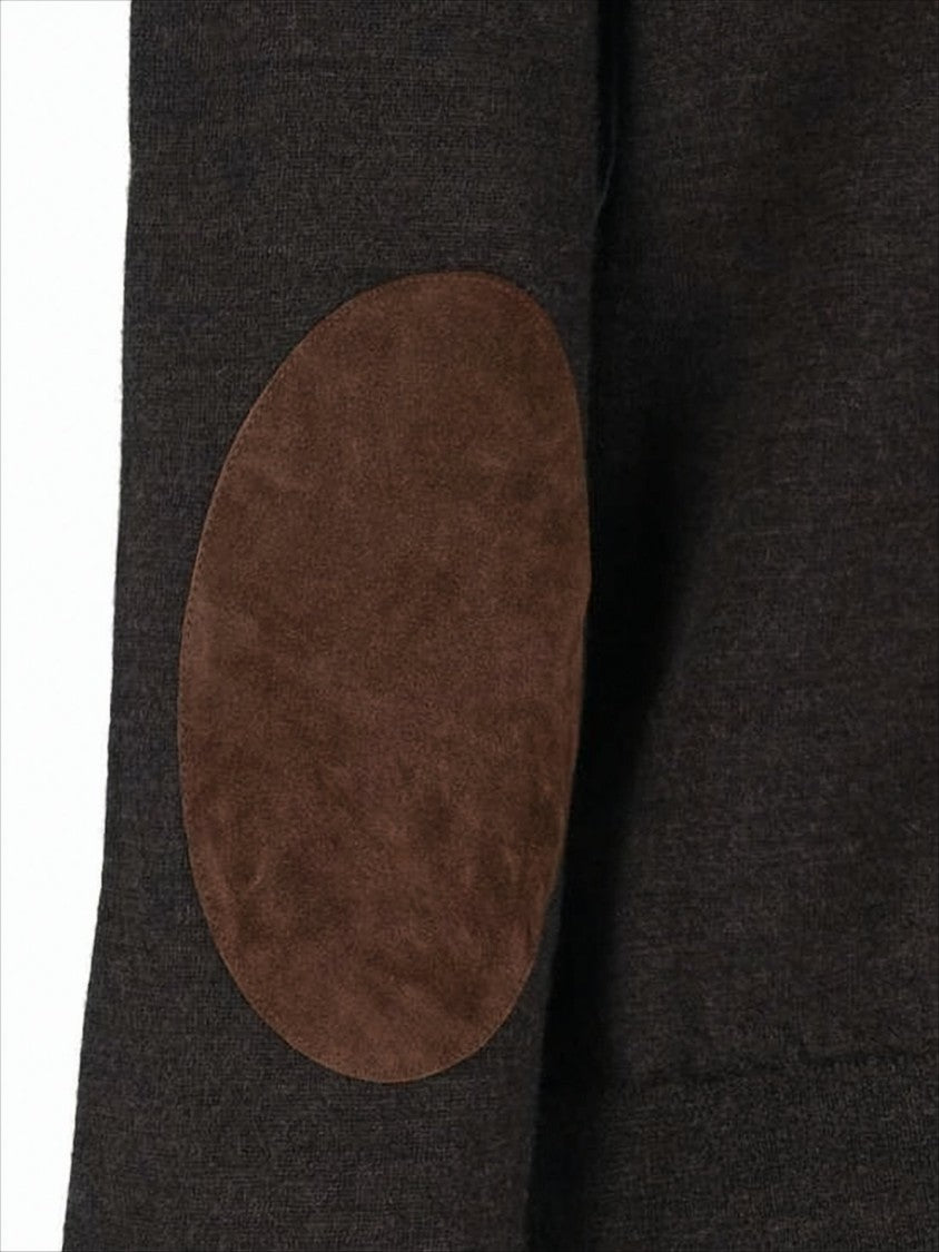Maison Margiela Brown Wool Sweater With Suede Elbow Patches And Unique Stitch Detail