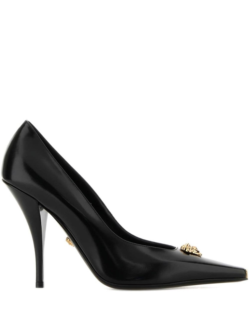 Versace Black Stiletto Pointed Toe Leather Pumps