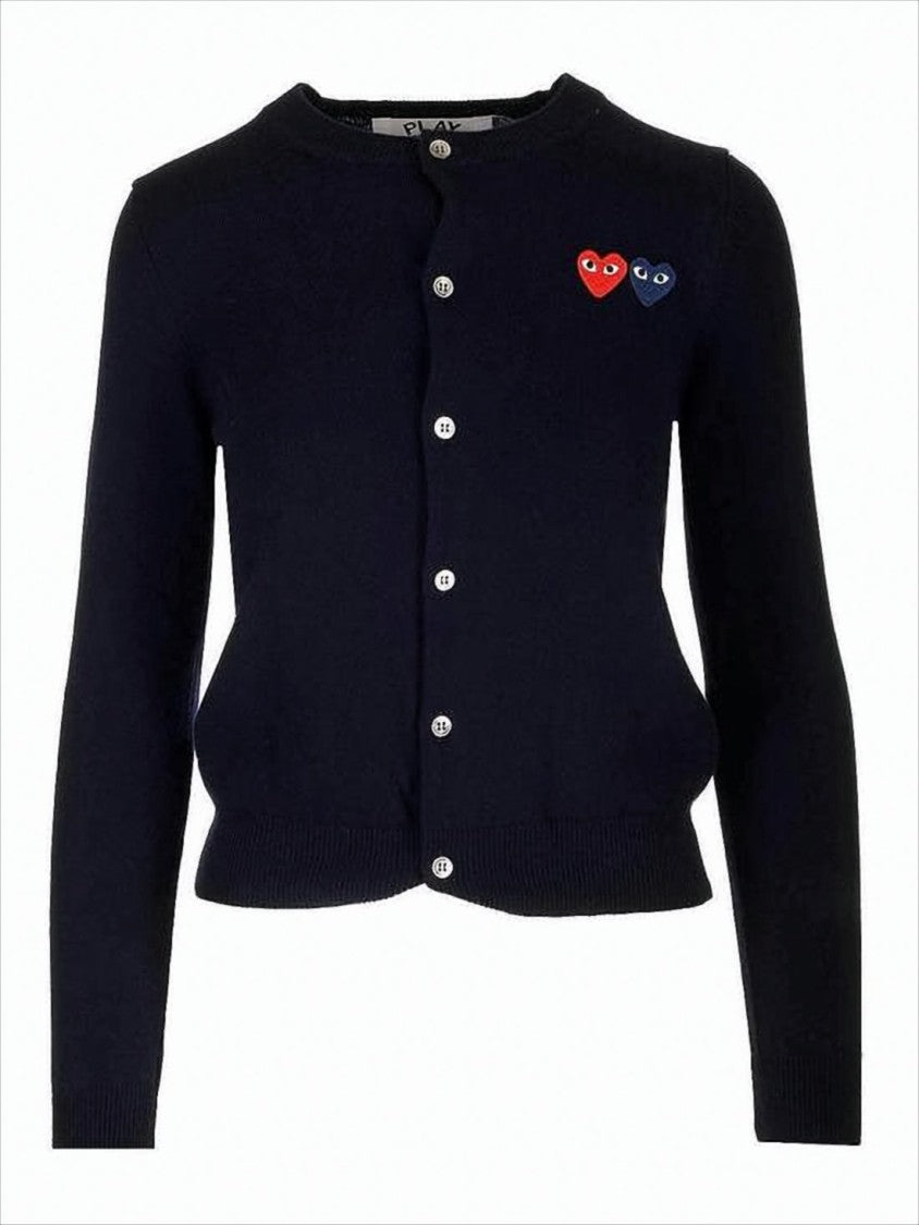 Comme Des Garçons Button-Up Black Wool Cardigan With Embroidered Heart Motifs