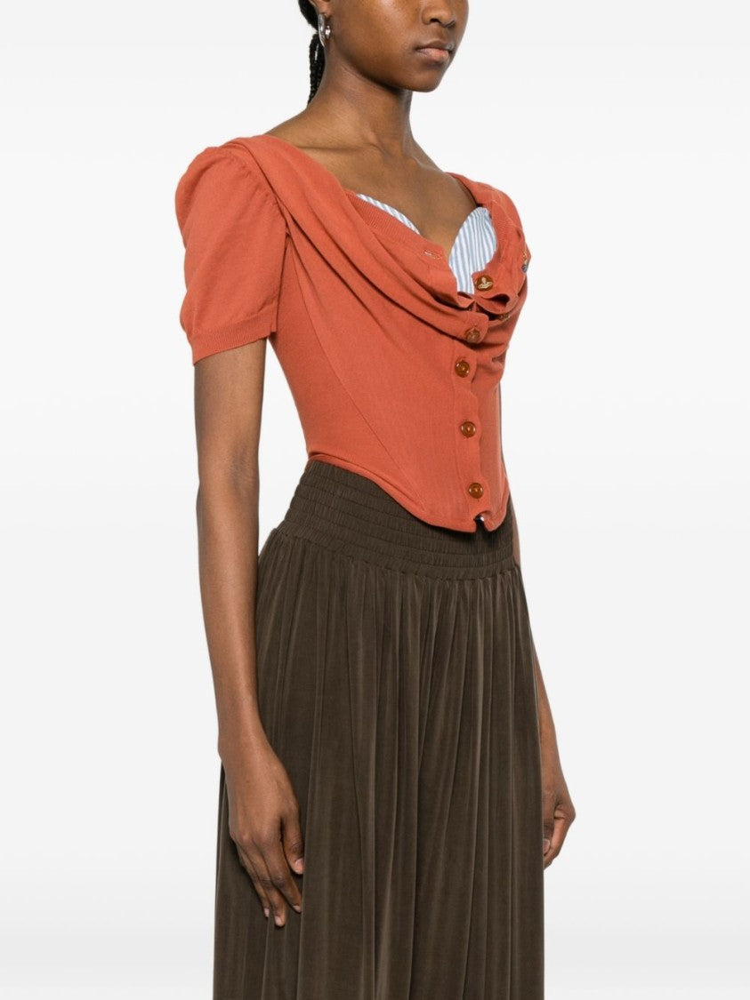 Vivienne Westwood Orange Off-Shoulder Draped Button Sweater