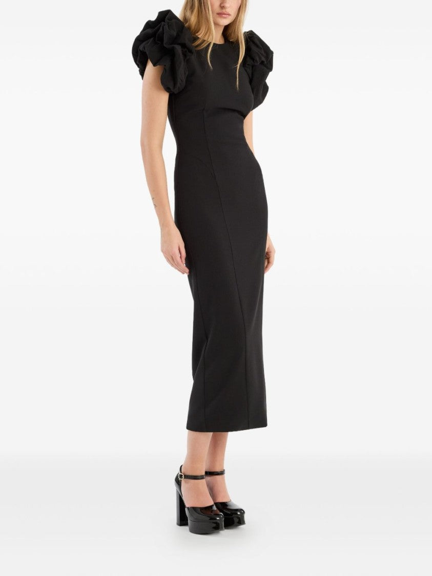 Rotate Fitted Midi Dress With Voluminous Ruffled Sleeves