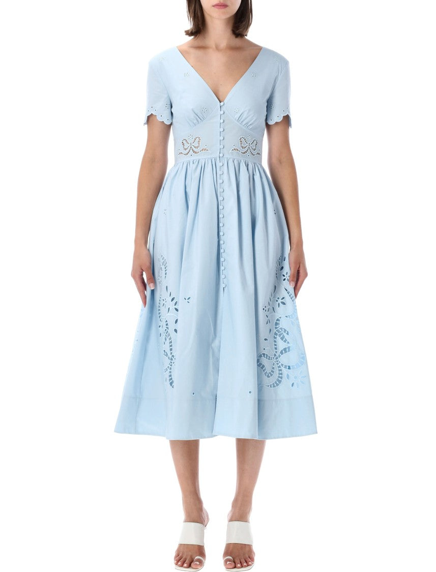 Self-Portrait Blue Embroidered Cotton Midi Dress