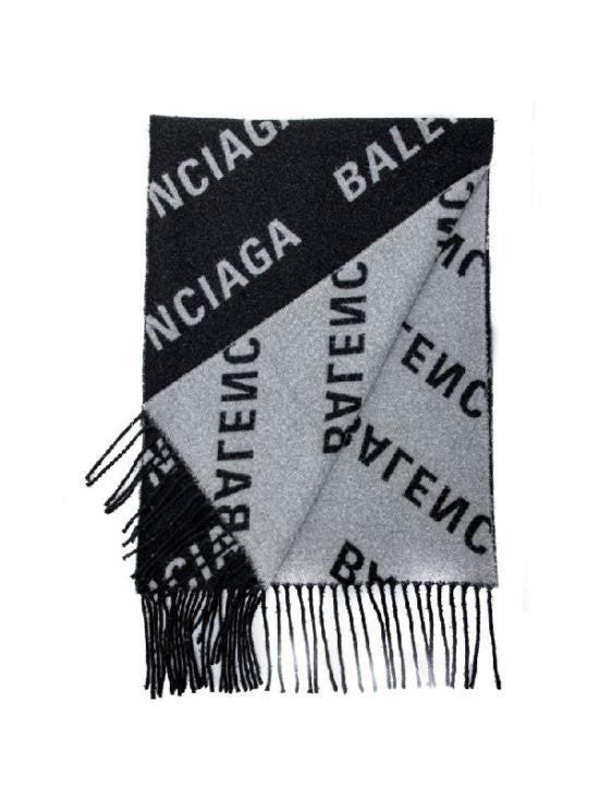 Balenciaga Rectangular Logo Print Scarf With Fringed Edges