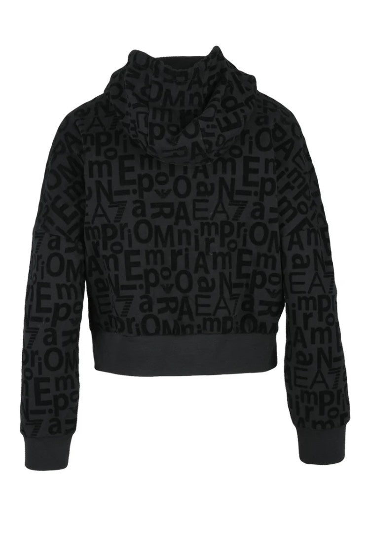 Ea7 Emporio Armani Black Cropped Velvet Hoodie