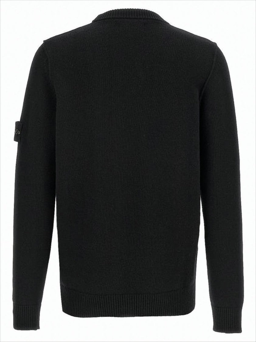 Stone Island Minimalist Black Crewneck Sweater With Ribbed Accents