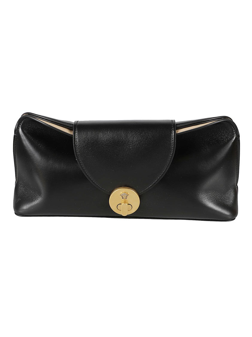 Versace Elongated Black Lambskin Clutch With Gold-Tone Closure