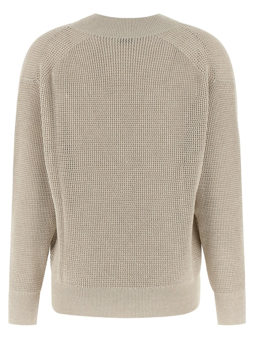 Brunello Cucinelli Openwork Knit Sweater With Lamé Highlights And V-Neck Design