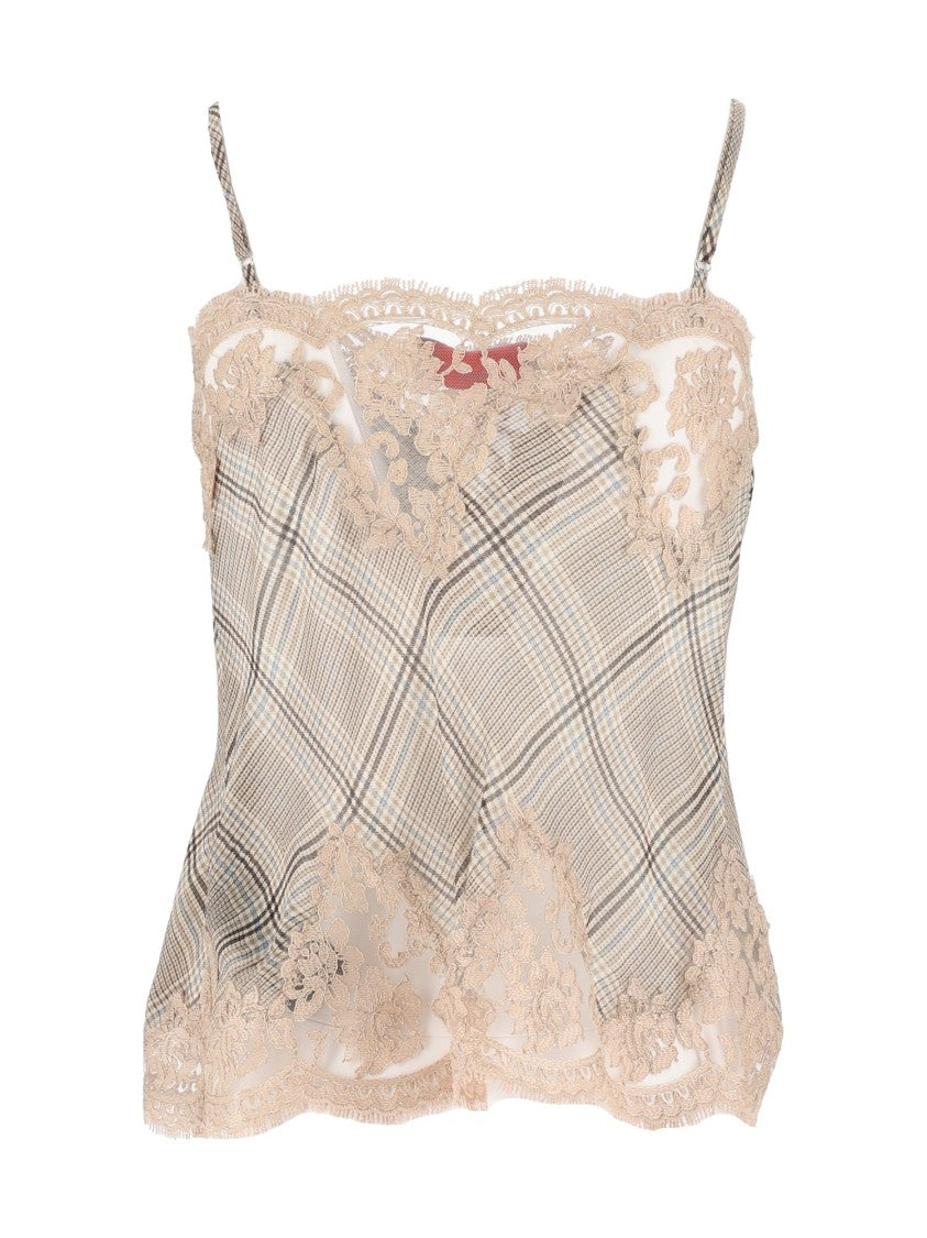 Ermanno Scervino Lace-Trimmed Plaid Flared Tank Top