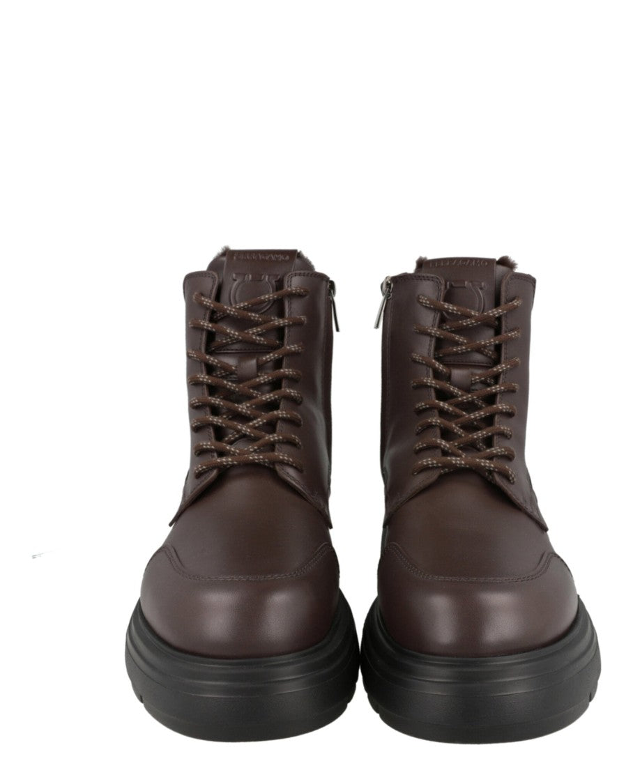 Ferragamo Brown Leather Combat Boots With Block Heel And Side Zippers