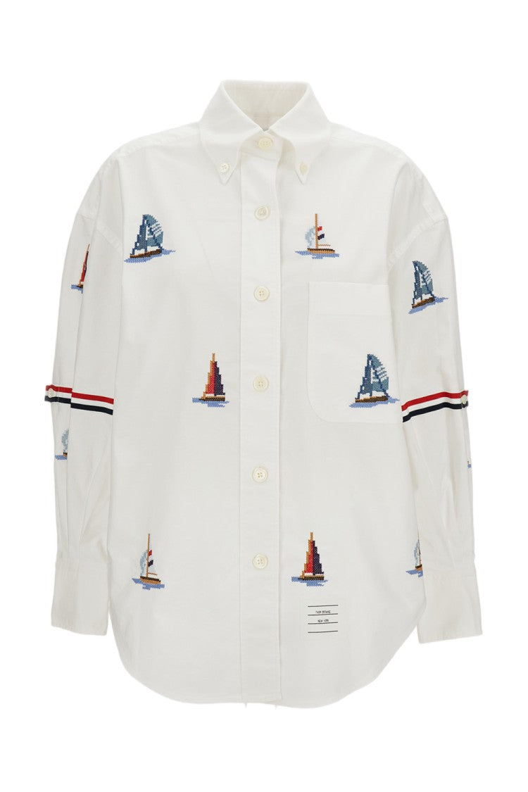Thom Browne White Sailboat Stitch Cotton Poplin Oversized Shirt