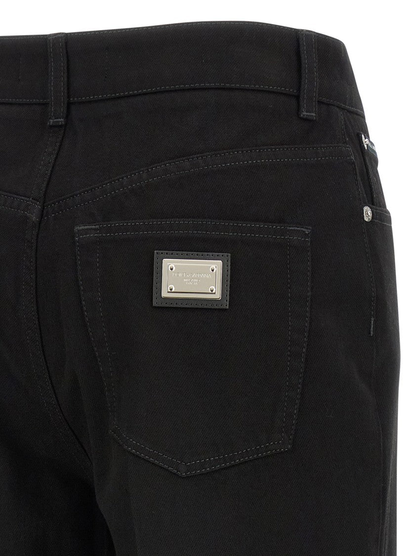 Dolce & Gabbana Cotton Denim Flared Pants With High Waist And Signature Logo