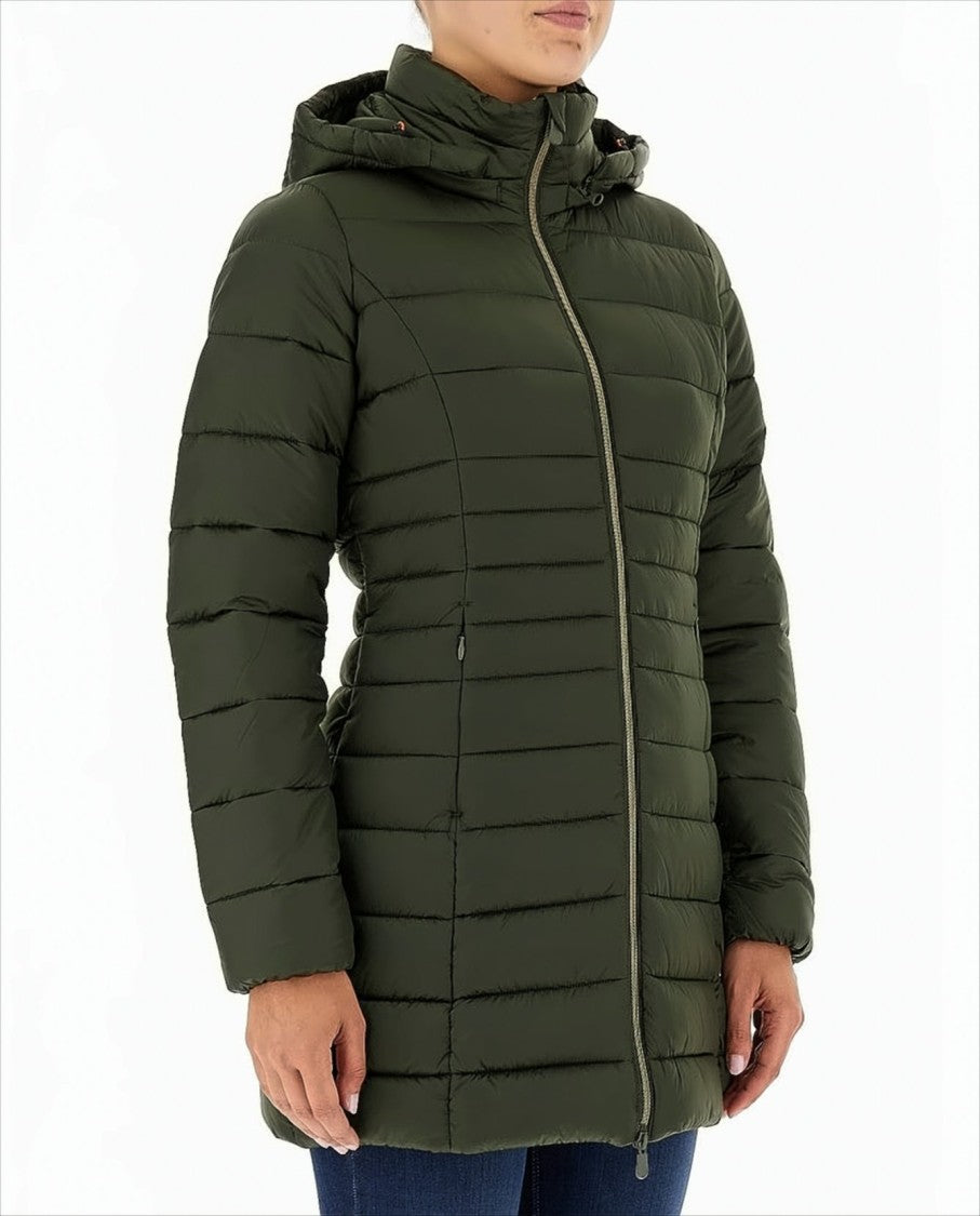 Save The Duck Quilted Green Down Jacket With Drawstring Hood
