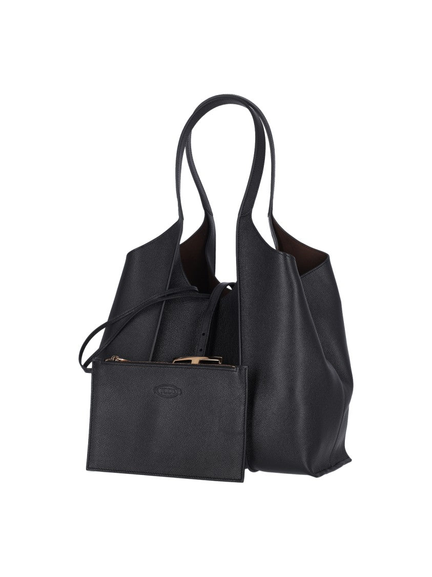 Tod's Black T Timeless Hammered Leather Tote Bag