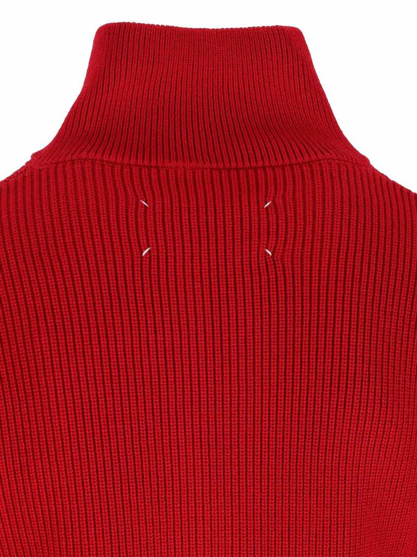 Maison Margiela Ribbed Knit Zip Cardigan With High Collar And Four-Stitch Detail