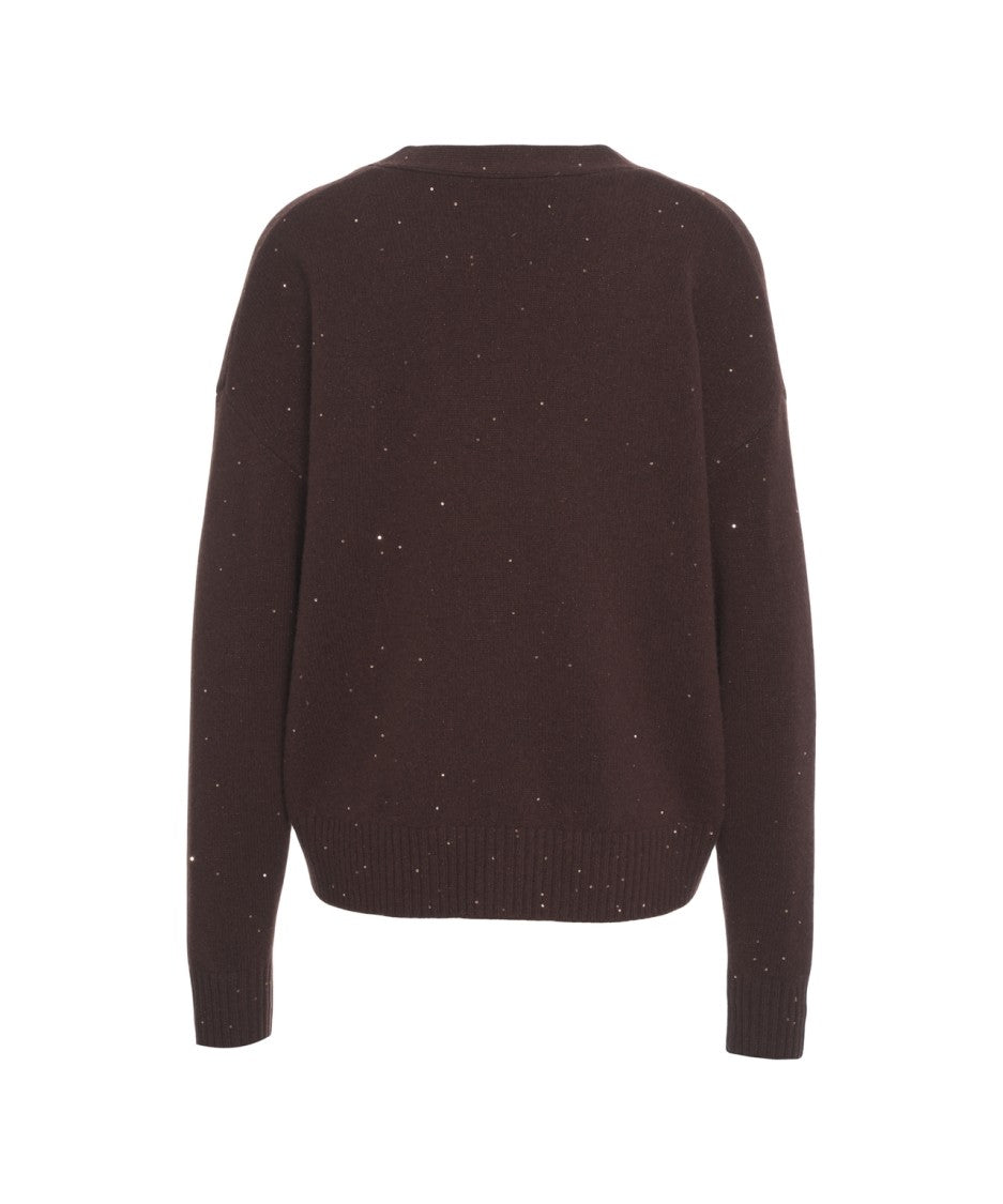 Kaos Brown Knit Cardigan With Deep V-Neck And Button Closure