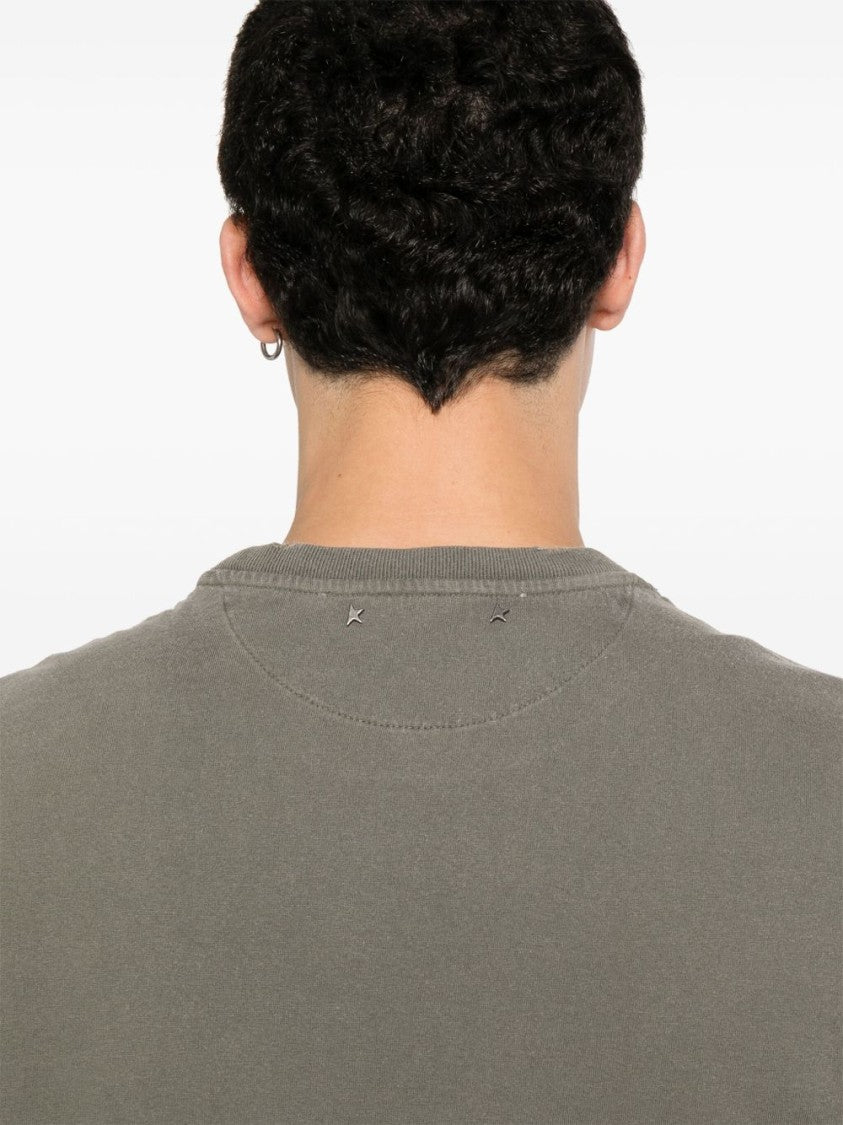 Golden Goose Muted Green Ribbed Cotton T-Shirt With Bold Graphic