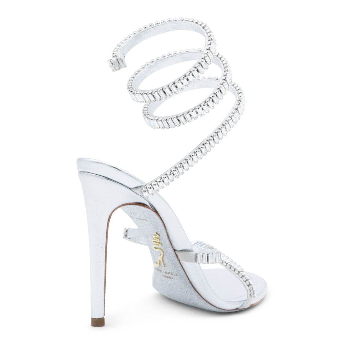 René Caovilla Silver Leather Sandals With Rhinestone-Ankle Detail
