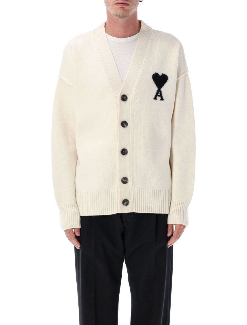 Ami Paris V-Neck Wool Cardigan With Intarsia Heart Detail