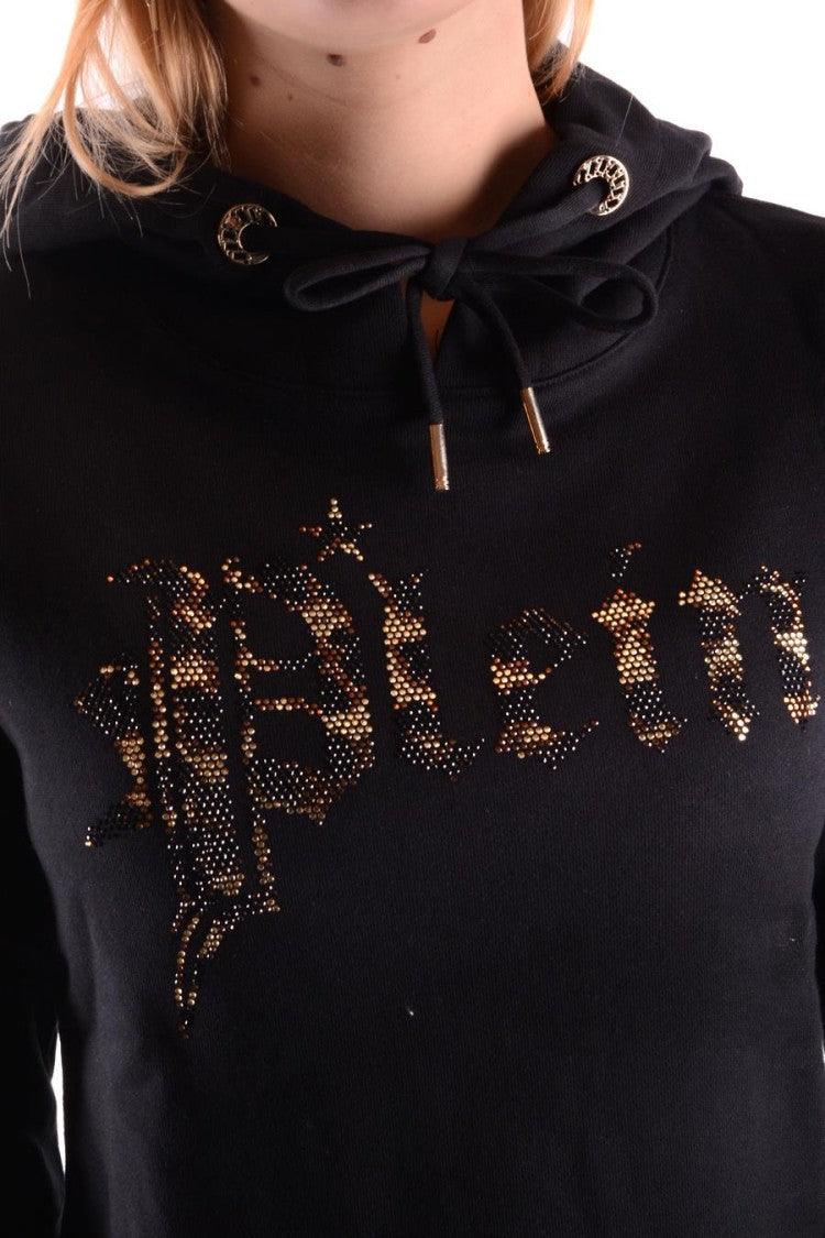 Philipp Plein Black Cropped Metallic Logo Cotton Sweatshirt