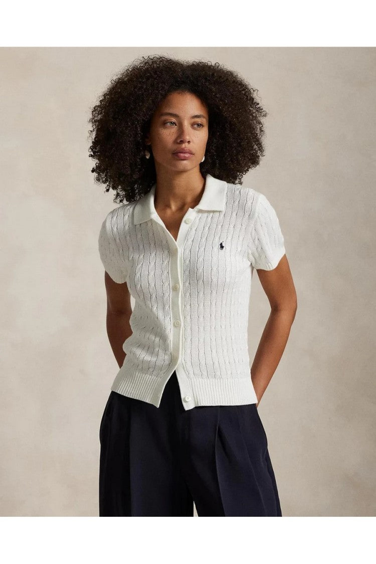 Polo Ralph Lauren White Cotton Cable-Knit Polo Sweater