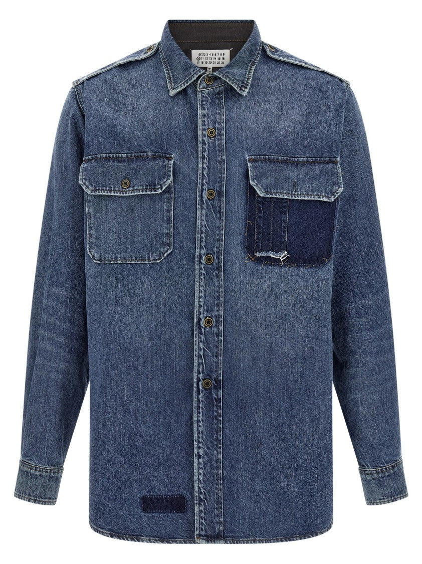 Maison Margiela Used-Effect Cotton Denim Shirt With Unique Badges