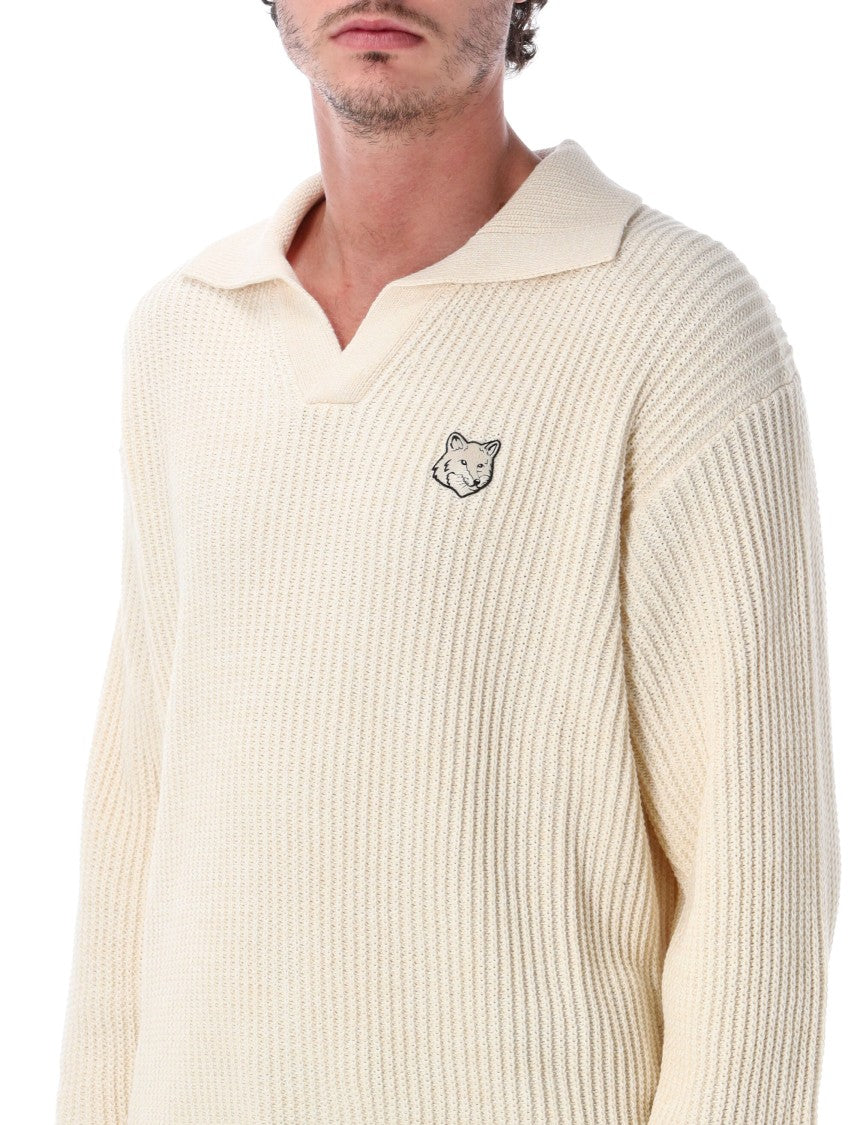 Maison Kitsuné Fox Head Ribbed Cotton Long-Sleeve Polo Shirt
