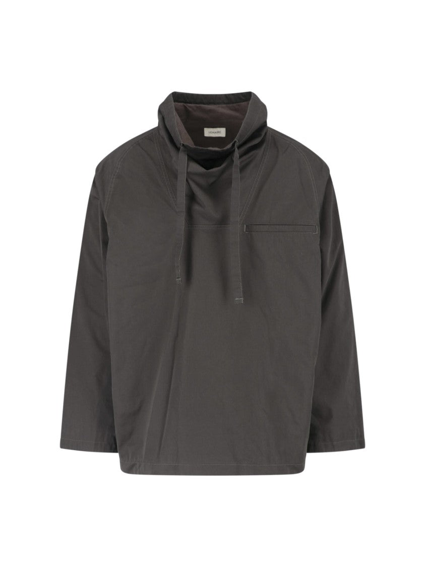 Lemaire Grey Funnel Neck Boxy Cropped Hooded Sweatshirt