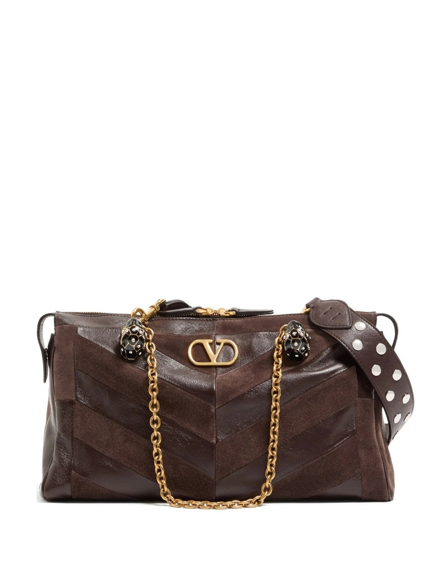 Valentino Medium Suede Shoulder Bag With Chevron Design And Chain Strap