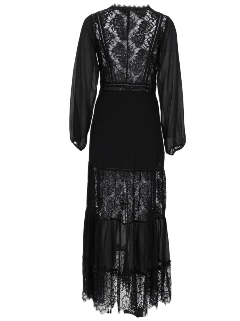 Nj Couture Midi Dress With Intricate Lace Detail And Sheer Sleeves